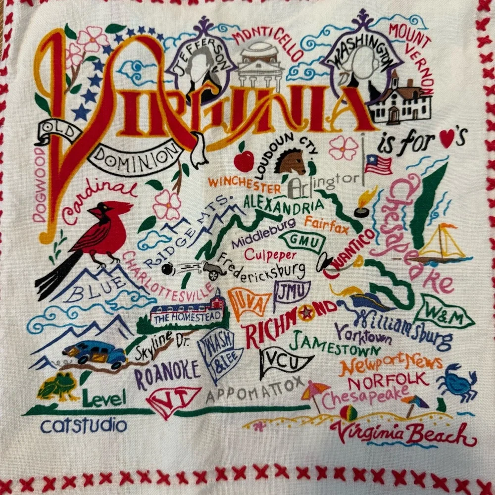 Catstudio‎ Virginia State Kitchen Tea Towel printed and embroidered 21”x28”